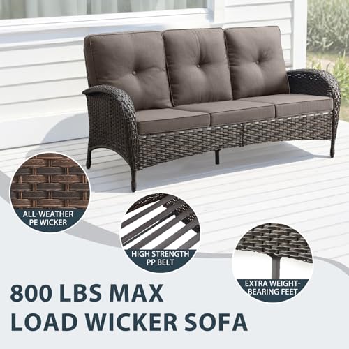 Artfurniz 7 Piece Patio Furniture Set with Fire Pit Table - Wicker Patio Conversation Set with Swivel Glider, 3 Seat Sofa, Side Table and 2 Ottomans for Deck Backyard - Brown Wicker Grey Cushion