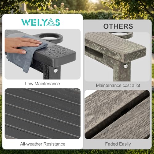 WELYAS Outdoor Bench with Unique 2 Cup Holders, Easy Assemble All Weather Low Maintenance Sturdy HDPE Bench for Garden Porch 2 Person,Grey
