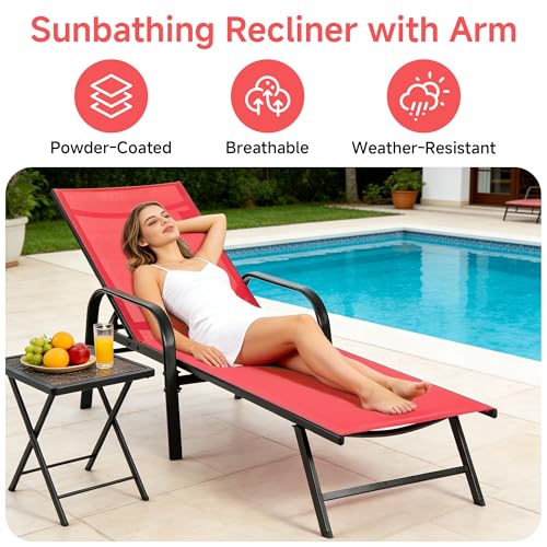 DUMOS Outdoor Lounge Chaise Set of 2 for Poolside Patio, 5-Position Chaise with Armrest, Sun Tanning Chair 350 lbs Heavy Duty Patio Pool Chair, Waterproof Lounge for Deck,Backyard, Beach, Red