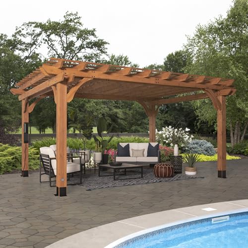 Backyard Discovery Beaumont 16' x 12' Traditional Cedar Wood Pergola Kit with Trellis Roof, All-Season Durability, High-Wind Rating, PowerPort, Shade for Outdoor Patio, Deck, Garden, and Entertaining
