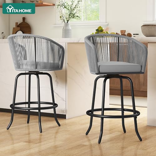 YITAHOME 27" Bar Stools Set of 2 with Arms & Cushions, 360° Swivel Outdoor Bar Stools, All Weather Counter Height Bar Stools Set of 2 with Curved Back for Backyard, Kitchen Island, Dining Room, Gray