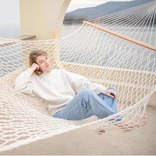 GAFETE Double Hammocks for Outside, Handwoven Traditional Cotton Rope 2 Person Hammock with Hardwood Spreader Bar, Chains & Hooks for Indoor Outdoor, Max 450 lbs Capacity (Natural Beige, Medium)