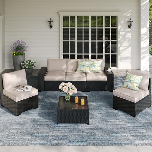SunloungeCo Patio Furniture Set, 6 Pieces Outdoor Couch Sofa with Wider Armrests & Glass Coffee Table, Outdoor Sectional Furniture with Thick Cushions for Party, Poolside,Garden-Beige