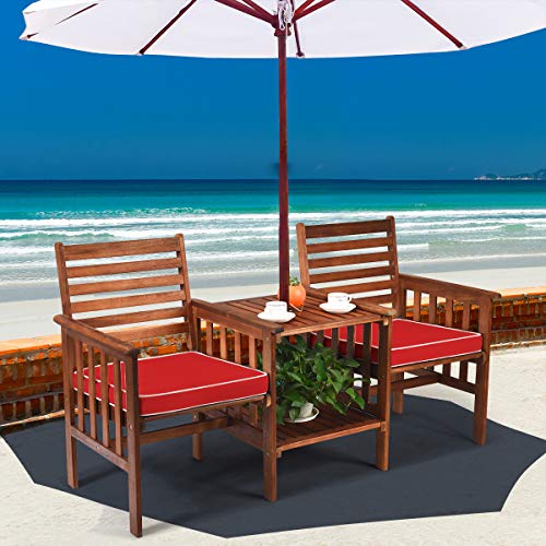 Tangkula Acacia Wood Loveseat, 3pcs Outdoor Table Chairs Set, Patio Conversation Set w/Coffee Table and Soft Cushions, 2.1-inch Umbrella Hole, 2-Seater Furniture Set (Red)