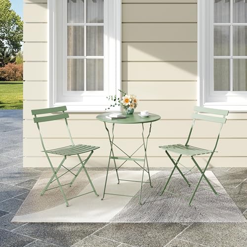Bistro Table and Chairs Set of 2, 3 Piece Outdoor/Indoor Folding Patio Bistro Sets, 2 Chair Patio Furniture Set with Table, Premium Frame Foldable Coffee Tables for Balcony, Yard, Garden, Green