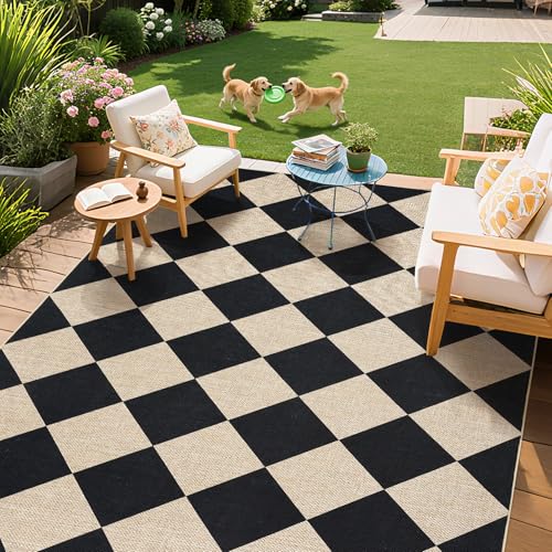 GarveeHome Checkered Easy Jute 5x7 Area Rugs for Living Room Machine Washable Non-Slip Backing Stain Resistant Modern Indoor Outdoor Rugs for Farmhouse Dining Room Patio Black