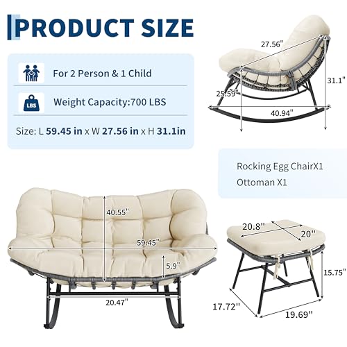 Outdoor Double Rocking Chair with Ottoman, 700 LBS Heavy-Duty Wicker Loveseat Rocker, 30° Anti-Slip Rocking Design, Beige Cushioned Patio Rocking Egg Chair Set for Porch, Backyard, Living Room
