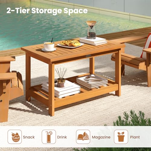 Tangkula Outdoor Acacia Wood Coffee Table, Patio 29.5” Rectangle Slatted 2 Tier Coffee Table with Storage Shelf, for Outside Balcony Patio Poolside