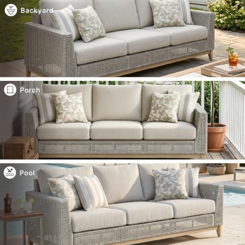 Signature Design by Ashley Seton Creek Cottage Nuvella Weather Resistant Fabric Outdoor Sofa with Cushion and 4 Throw Pillows, Light Brown & Light Gray