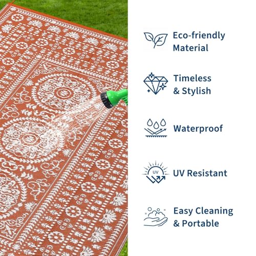 Garvee Reversible Outdoor Rug 5x8 for Patio, Waterproof Outdoor Area Rug, Boho Medallion Indoor Outdoor Carpet for Porch, Plastic Straw Rug for RV, Camping, Deck, Vintage Terracotta
