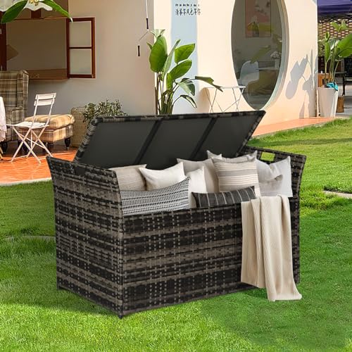 Patiomore 90 Gallon Outdoor Wicker Storage Bench with Cushion, Patio PE Rattan Deck Box with Handles (Gray), Grey