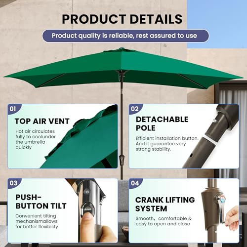 Ayge 6.5x10FT Rectangular Patio Umbrella Outdoor Table Umbrella w/Push Button Tilt & Crank Rectangle Market Umbrella UV Protection for Garden,Deck,Lawn,Yard & Pool,Green