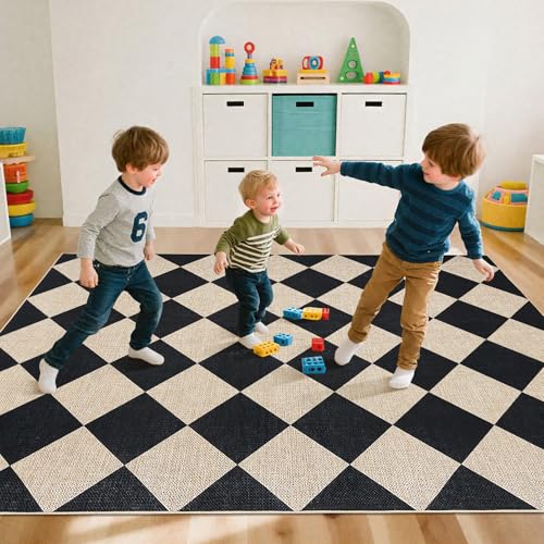 GarveeHome Checkered Easy Jute 5x7 Area Rugs for Living Room Machine Washable Non-Slip Backing Stain Resistant Modern Indoor Outdoor Rugs for Farmhouse Dining Room Patio Black