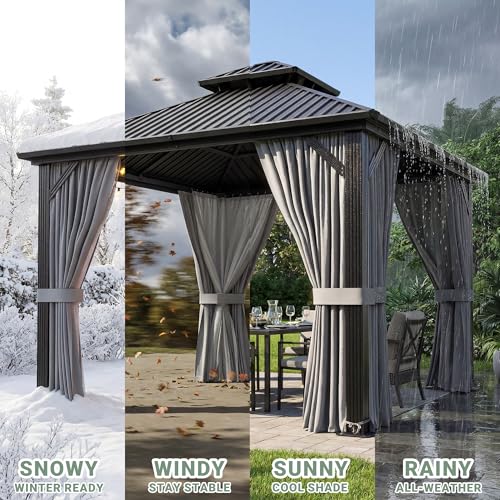 AirWire 10'x12' Gazebo Hardtop Gazebo, Aluminum Frame Pergola with Double Galvanized Steel Roof, Permanent Outdoor Metal Canopy with Curtain & Netting for Patio, Backyard, Deck, Dark Grey