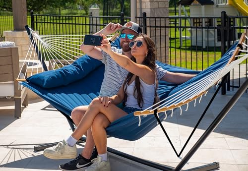 SUPERJARE Curved-Bar Hammock with Stand, 2 Person Heavy Duty Hammock Frame, Detachable Pillow & Portable Carrying Bag, Perfect for Outdoor & Indoor, Navy Blue