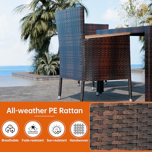 Shintenchi 5 PCS Patio Dining Set, Wicker Outdoor Table and Chairs with Soft Cushions, Patio Furniture Set with Wood Table Top for Backyard, Deck and Garden, Brown Wicker