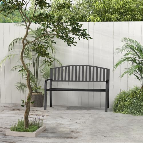Granper Garden Bench, 50" Outdoor Bench, 660LBS Wrought Iron Porch Bench, Patio Bench with Armrests for Garden Lawn or Yard, Black
