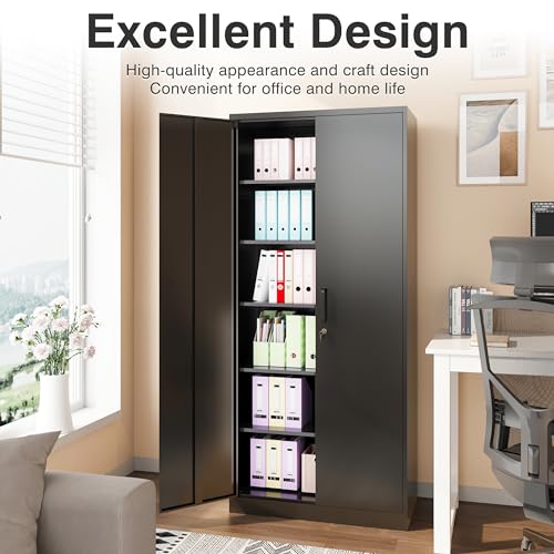 SISESOL Metal Storage Cabinet with 2 Doors and 6 Shelves,Black Metal Cabinet with Lock,71" Lockable Garage Storage Cabinets,Locking File Cabinet,Steel Tool Cabinets for Home,Office,Garage,Shop,School