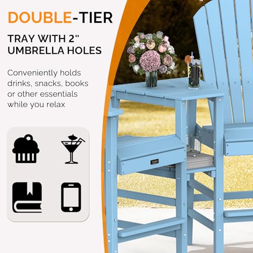 VINGLI Tall Adirondack Chairs Set of 2, All Weather HDPE Bar Height Adirondack Chair with Double Trays, Adirondack Barstools for Balcony, Poolside, Backyard and Patio (Blue)