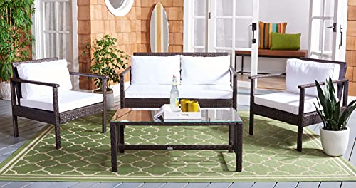 Safavieh Outdoor Collection Garnen Wicker Cushion 4-Piece Living Set PAT7714C, Brown/White