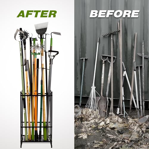 Garden Tool Organizer, Yard Tool Tower Rack for Garage Organization and Storage, Up to 35 Long-Handled Tools/Rakes/Brooms, Heavy Duty Steel Garden Tool Stand for Shed, Outdoor, Black