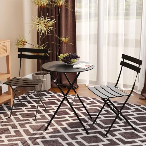 EO Living 3-Piece Steel Folding Bistro Set, Premium Weather-Resistant Patio Table & 2 Chairs for Balcony, Garden, Yard, Poolside & Indoor (Black)