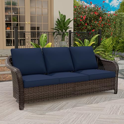 Qsoer 77 inch Outdoor Wicker 3 Seater Sofa, All-Weather Use Patio Rattan Sofa with Seat and Back Cushion, Ideal for Porch, Backyard, Balcony, Poolside, Blue