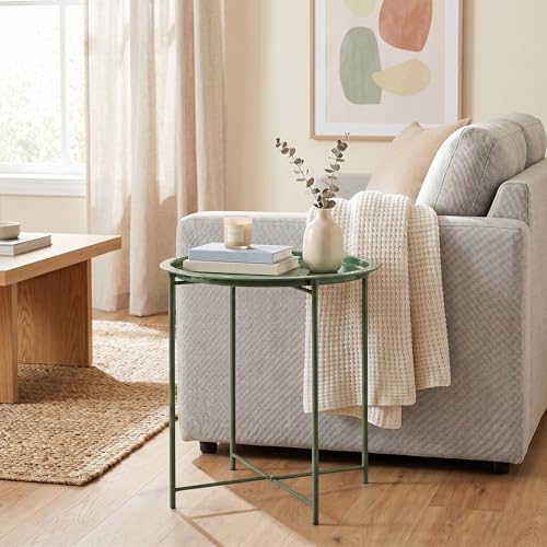 VECELO Side/End Table, Folding Round Metal Anti-Rust and Waterproof Outdoor or Indoor Tray for Living Room Bedroom Balcony and Office, 2 PCS, Dark Green
