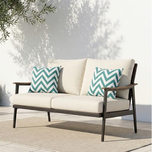 NATURAL EXPRESSIONS Patio Loveseat Sofa Outdoor Furniture Metal Chair with Wicker Backrest & 6 Inches Cushion for Indoor, Front Porch, Deck, Balcony, Backyard, 51.77"(L) x 29.75"(W) x 33.86"(H).