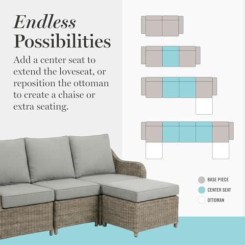 Martha Stewart Lily Pond Indoor-Outdoor Patio Loveseat in Weathered Gray Rattan Wicker with All-Weather Gray Back and Seat Cushions, 300 Lb. Static Weight Per Seat