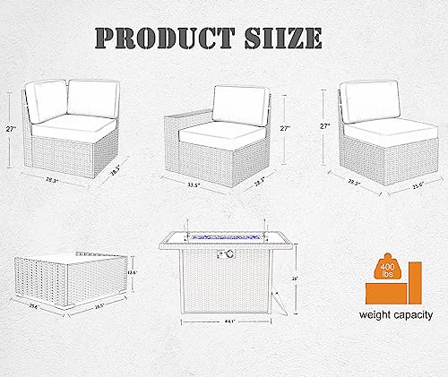 Vakollia 7 Pieces Patio Furniture Set with 44" Propane Gas Fire Pit Table, Outdoor Sectional Wicker Conversation Sofa Sets with Coffee Table