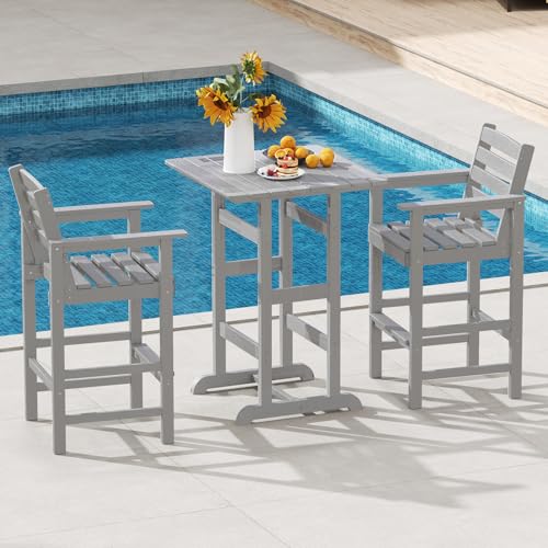 Tangkula Patio Adirondack Chairs Set of 2, HDPE Bar Height Chair with Wide Armrests & Footrest, Outdoor High-Top Slatted Bar Chairs with Backrest for Backyard, Lawn, Poolside (Grey)