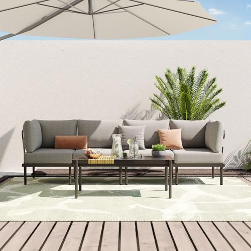 Sundale Outdoor 4 Pieces Patio Furniture Set, Metal Sectional Sofa Patio Conversation Set with 6 Inch Cushions, Modern Patio Corner Couch for Balcony, Porch, Sunroom (Grey/Dark Grey)