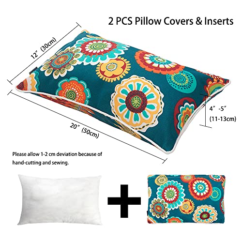 Magpie Fabrics Pack of 2 Outdoor Waterproof Lumbar Rectangular Throw Pillow with Insert 12x20 Inch, Home Decorative Toss Cushion for Patio Garden Car Office (Heronsbill Turquoise Green)