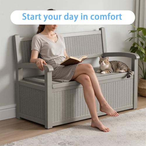 Pepe Tee 80 Gallon Outdoor Storage Bench, Resin Deck Box with Backrest and Armrests, All-Weather Seating, Coffee