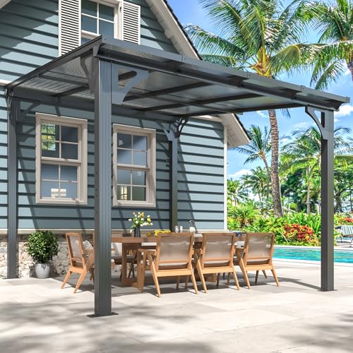 AirWire 10'x8' Wall-Mounted Lean to Gazebo with Aluminum Frame & Polycarbonate Panel, 8x10 FT Hardtop Pergola with Sloped Roof for Backyard, Porch, Deck