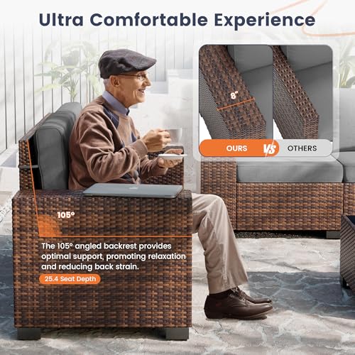 UDPATIO Patio Furniture Set, 8 Inch Armrest Outdoor Sectional Sofa with Wicker Coffee Table, 6 Piece Conversation for Garden, Backyard, Dark Grey