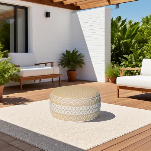 GLADTRAX Outdoor Inflatable Ottoman with Air Pump, Embroidery Patio Footrest Stool D21”x H9”, Round Pouf Ottoman with Portable Handle Suitable for Garden, Camping, Bedroom, Living Room