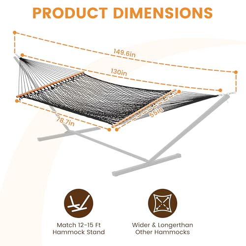 Lazy Daze Hammocks Double Rope Hammock, 2 Person Traditional Outdoor Hand Woven Cotton Rope Hammock with Spreader Bar, Carabiners, Tree Straps, Chains for Patio Yard - Max 450 Lbs, Dark Grey