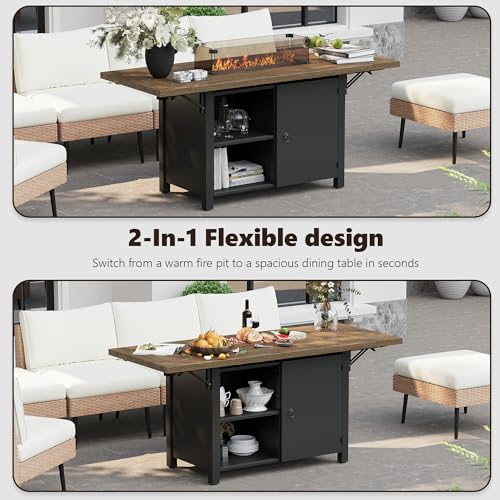 Rotihom 55" Propane Fire Pit Table,50000btu Gas Fire Pit Table with Brown Windshield & Lava Rock,2 in 1 Foldable Expansion Table Fire Pit with CSA Certification, Firepit Table for Outdoor, Patio