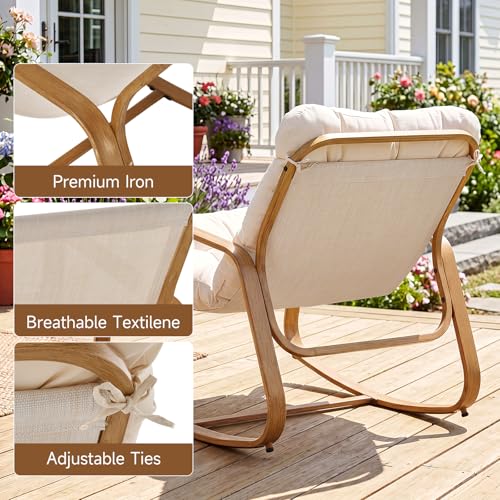 ONBRILL Rocking Chair with Thick Cushion Outdoor Indoor, Premium Iron Wood Grain Patio Papasan Rocker, Cozy Rocker for Garden, Balcony, Living Room, Bedroom
