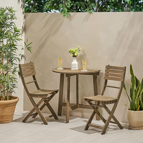 Christopher Knight Home Westmo Outdoor 2 Seater Half-Round Folding Acacia Wood Bistro Set, Gray
