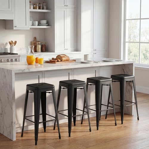 Shahoo 30 Inches Metal Bar Stools Counter Height Stackable Backless Stools, Industrial Patio Stools Indoor Outdoor Metal Kitchen Stools Set of 4 (Black)