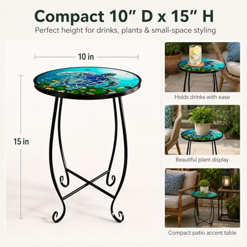 Kaesithar 2-Pack 15 Inch Tall Mosaic Patio Side Tables Style, Metal Folding Turtle Table Set, Shatterproof Outdoor Patio Table for Porch Deck, Rust Resistant Small Garden Table (Set of 2)
