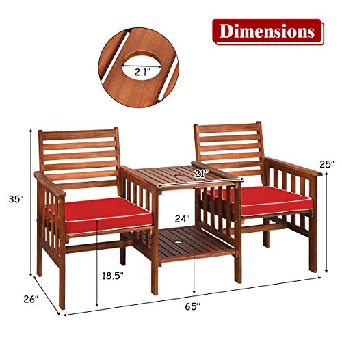Tangkula Acacia Wood Loveseat, 3pcs Outdoor Table Chairs Set, Patio Conversation Set w/Coffee Table and Soft Cushions, 2.1-inch Umbrella Hole, 2-Seater Furniture Set (Red)