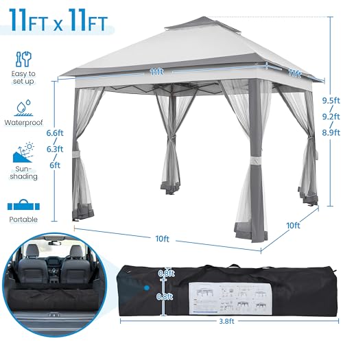 Yaheetech 11x11 Pop Up Gazebo Outdoor Canopy Shelter, Instant Patio Gazebo Sun Shade Canopy Tent with 4 Sandbags, 2 Tiers Roof & Mesh Netting for Lawn, Garden, Backyard & Deck, Gray