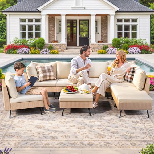 Pamapic 8-Piece Wicker Outdoor Furniture Set, All-Weather Patio Conversation Set with Thick Cushions & 2 Multi-Use Ottomans, Sectional Sofa Patio Furniture Set for Backyard, Porch, Beige