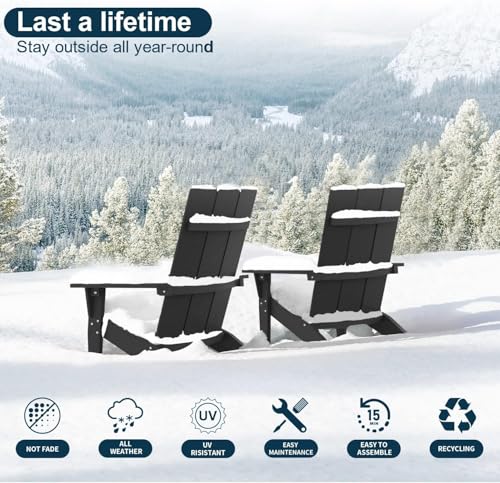 MXIMU Adirondack Chairs Set of 2 Outdoor: Oversized Modern Adirondack Chairs with Cup Holder - All-Weather Plastic Composite Material - Ergonomic Support for Adults to Relax in Lawn & Backyard (Black)