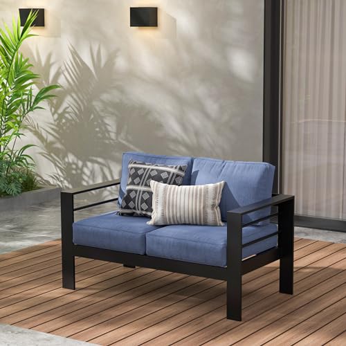 Wisteria Lane Patio Furniture Aluminum Loveseat, All-Weather Outdoor 2 Seats Sofa Couch, Patio Outdoor Sofa, Black Metal Chair with Blue Cushions