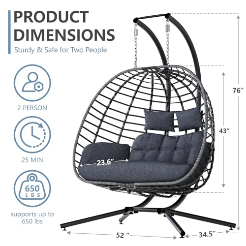 SWITTE Double Egg Swing Chair with Stand, Outdoor Patio 2 Person Hanging Wicker Hammock Chairs with Cushion for Indoor Bedroom, Lawn, Garden-Dark Grey